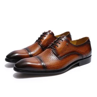 Handmade Italian Designer Cap Toe Derby Shoes - Genuine Leather Men’s Formal Oxford Shoes