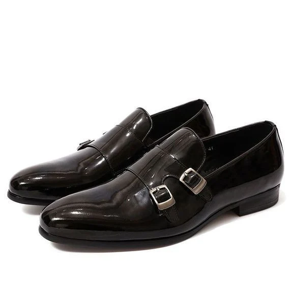 Men’s Patent Leather Monk Strap Loafers - Smooth Brown and Black Slip-On Dress Shoes - Image 7