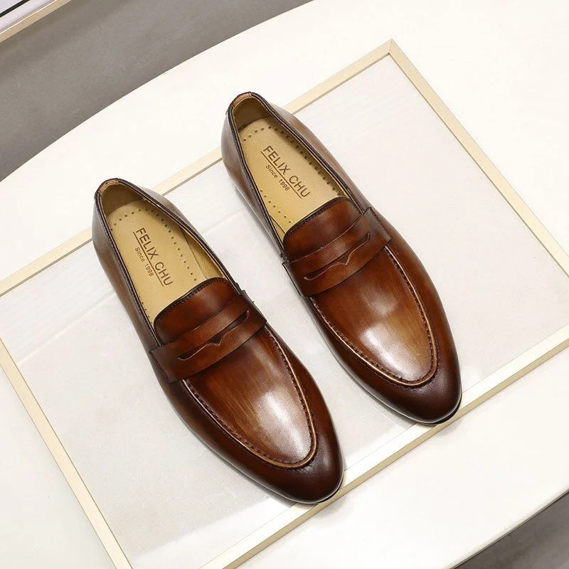 Men’s Hand-Painted Patina Leather Penny Loafers - Genuine Leather Brown Dress Shoes - Image 6