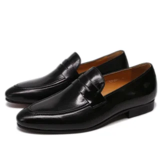 Men’s Hand-Painted Patina Leather Penny Loafers - Genuine Leather Brown Dress Shoes