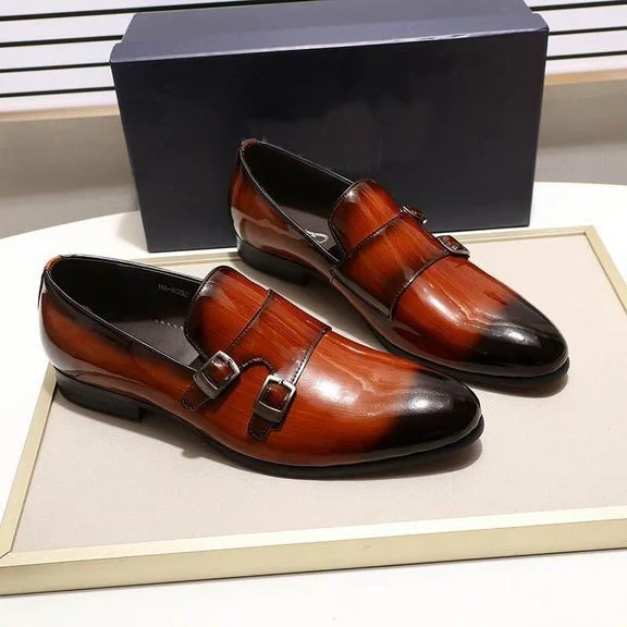 Men’s Patent Leather Monk Strap Loafers - Smooth Brown and Black Slip-On Dress Shoes - Image 4