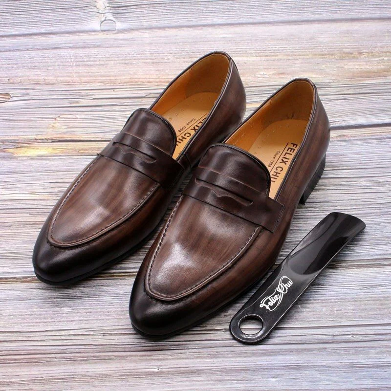 Men’s Hand-Painted Patina Leather Penny Loafers - Genuine Leather Brown Dress Shoes - Image 5