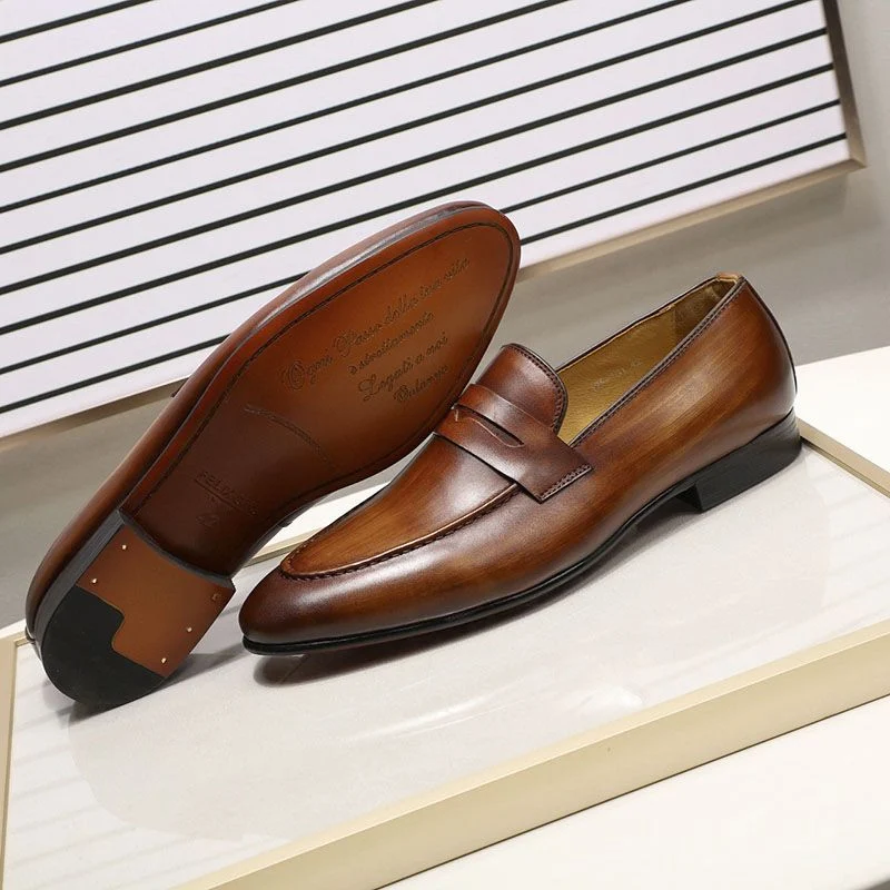 Men’s Hand-Painted Patina Leather Penny Loafers - Genuine Leather Brown Dress Shoes - Image 7
