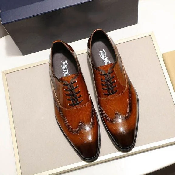 Men’s Patent Leather Wingtip Oxford Shoes - Smooth Brown and Black Lace-Up Dress Shoes - Image 5