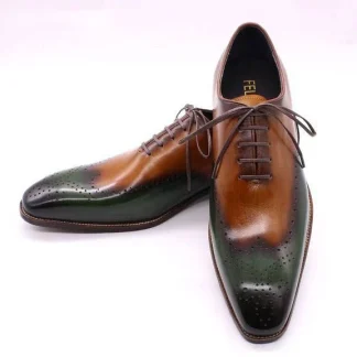 Handmade Men’s Wholecut Oxfords - Green & Camel Genuine Calf Leather Dress Shoes