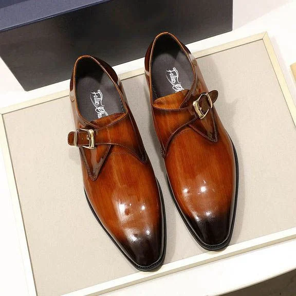 Men’s Patent Leather Monk Strap Dress Shoes - Smooth Brown and Black Buckle Shoes - Image 5