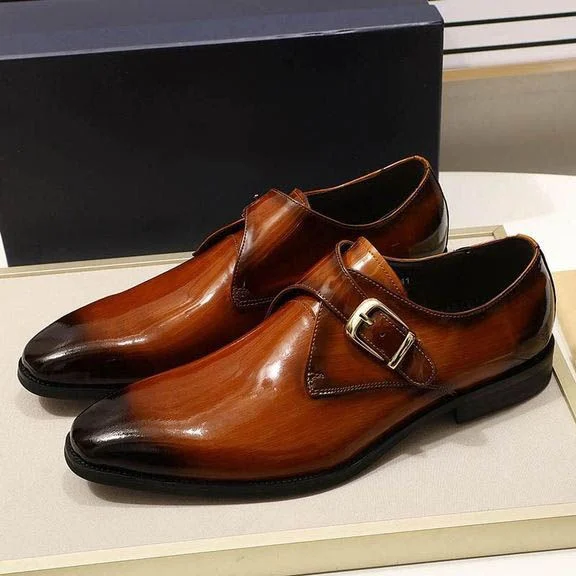 Men’s Patent Leather Monk Strap Dress Shoes - Smooth Brown and Black Buckle Shoes - Image 4