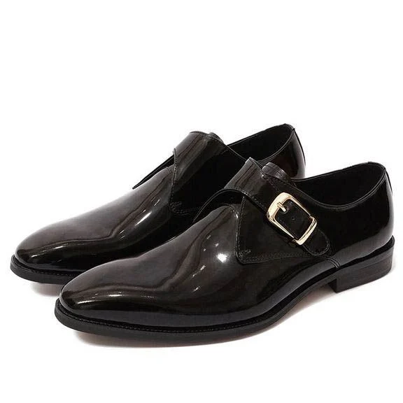 Men’s Patent Leather Monk Strap Dress Shoes - Smooth Brown and Black Buckle Shoes