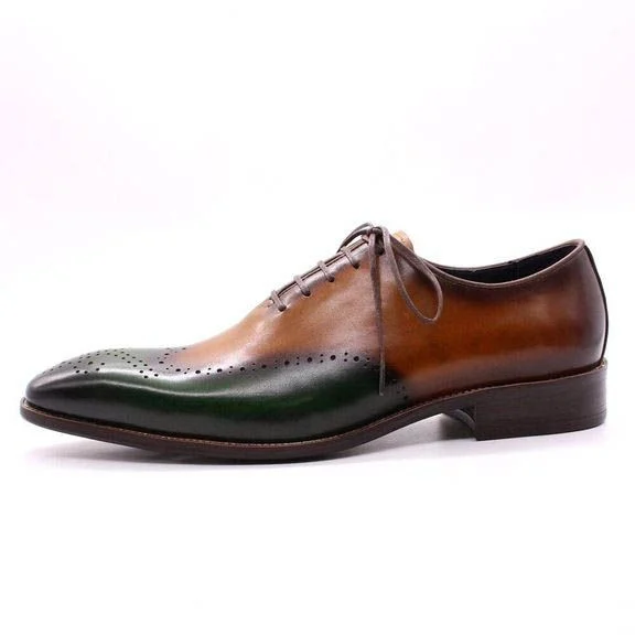Handmade Men’s Wholecut Oxfords - Green & Camel Genuine Calf Leather Dress Shoes - Image 5