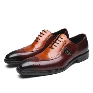 Italian Design Genuine Leather Wingtip Brogue Oxford Shoes - Brown Lace-Up Formal Dress Shoes for Men