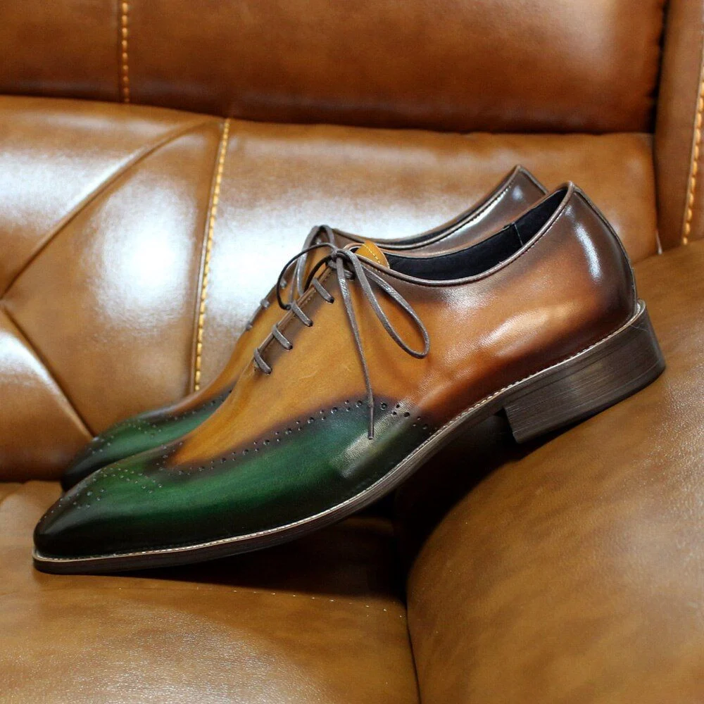 Handmade Men’s Wholecut Oxfords - Green & Camel Genuine Calf Leather Dress Shoes - Image 3