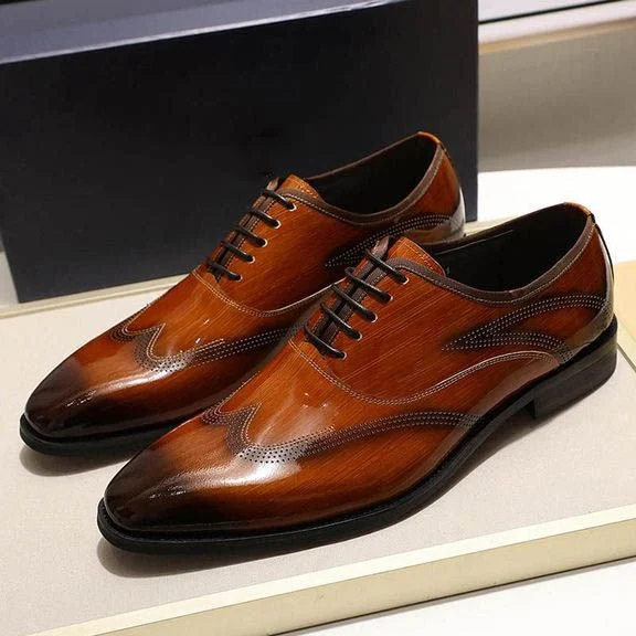 Men’s Patent Leather Wingtip Oxford Shoes - Smooth Brown and Black Lace-Up Dress Shoes - Image 2
