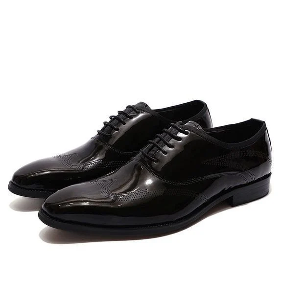 Men’s Patent Leather Wingtip Oxford Shoes - Smooth Brown and Black Lace-Up Dress Shoes - Image 8