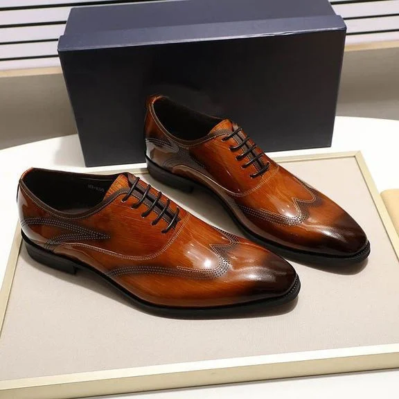 Men’s Patent Leather Wingtip Oxford Shoes - Smooth Brown and Black Lace-Up Dress Shoes - Image 4