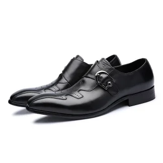 Italian Fashion Genuine Leather Slip-On Dress Shoes - Black and Brown Formal Shoes with Buckle