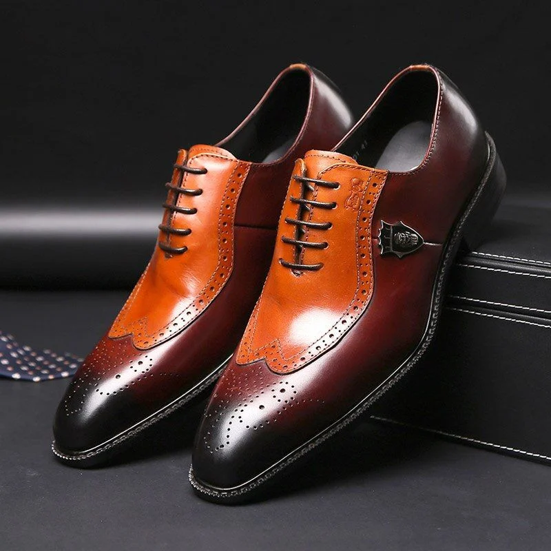 Italian Design Genuine Leather Wingtip Brogue Oxford Shoes - Brown Lace-Up Formal Dress Shoes for Men - Image 5