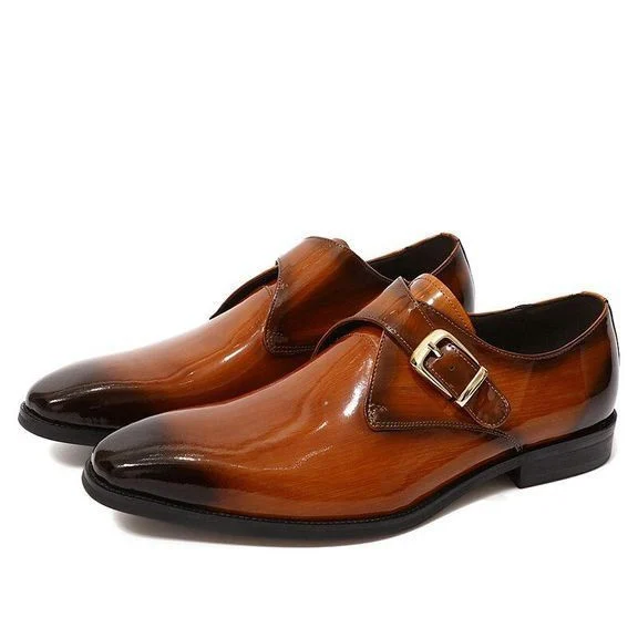 Men’s Patent Leather Monk Strap Dress Shoes - Smooth Brown and Black Buckle Shoes - Image 2