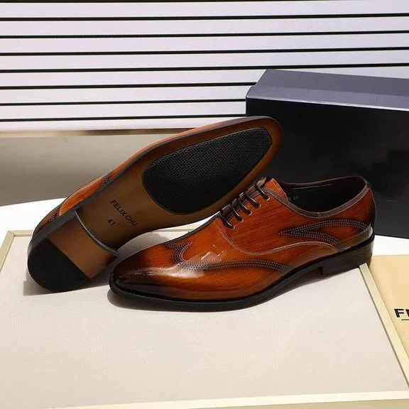 Men’s Patent Leather Wingtip Oxford Shoes - Smooth Brown and Black Lace-Up Dress Shoes - Image 6