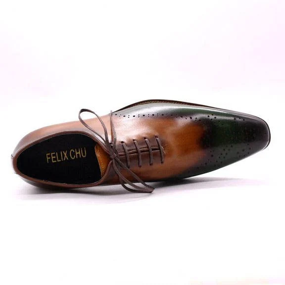 Handmade Men’s Wholecut Oxfords - Green & Camel Genuine Calf Leather Dress Shoes - Image 6