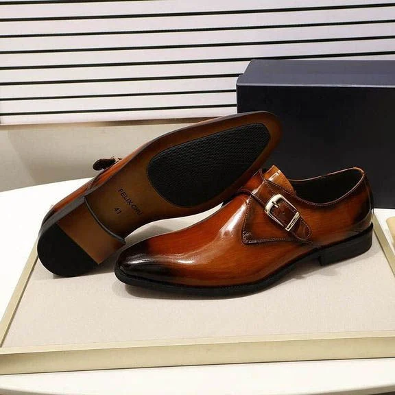 Men’s Patent Leather Monk Strap Dress Shoes - Smooth Brown and Black Buckle Shoes - Image 8