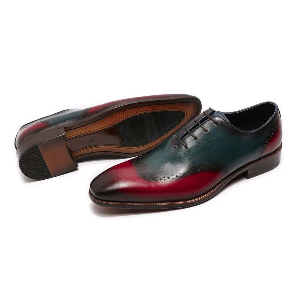 Handmade Men’s Wingtip Wholecut Oxfords - Blue & Red Patina Genuine Calf Leather Dress Shoes - Image 3