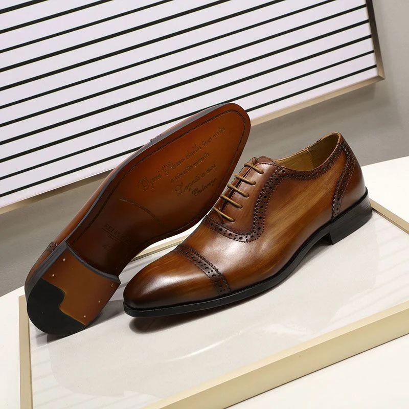 Genuine Leather Cap Toe Brogue Oxford Shoes - Brown Dress Shoes for Men - Image 5