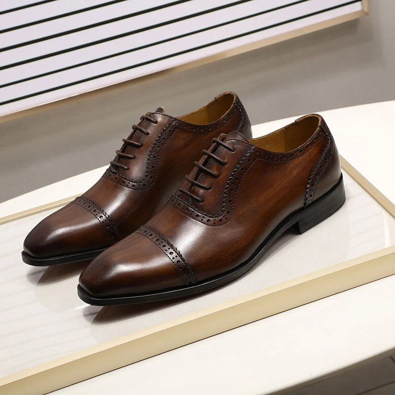 Genuine Leather Cap Toe Brogue Oxford Shoes - Brown Dress Shoes for Men - Image 3