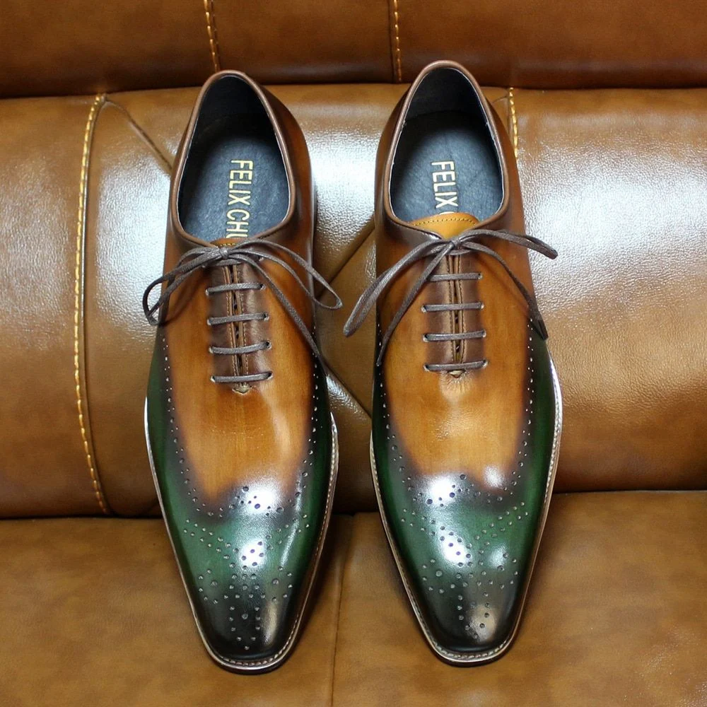 Handmade Men’s Wholecut Oxfords - Green & Camel Genuine Calf Leather Dress Shoes - Image 4