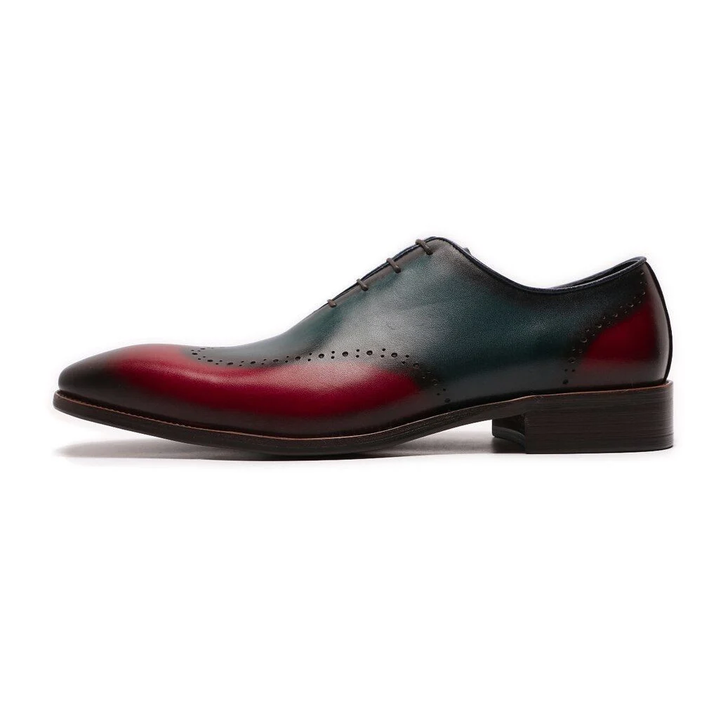 Handmade Men’s Wingtip Wholecut Oxfords - Blue & Red Patina Genuine Calf Leather Dress Shoes - Image 4