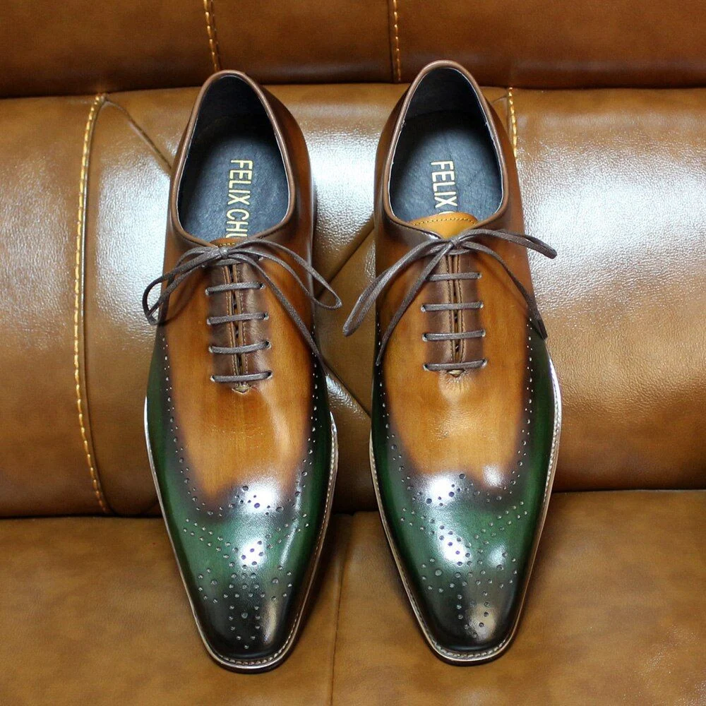 Handmade Men’s Wholecut Oxfords - Green & Camel Genuine Calf Leather Dress Shoes - Image 2