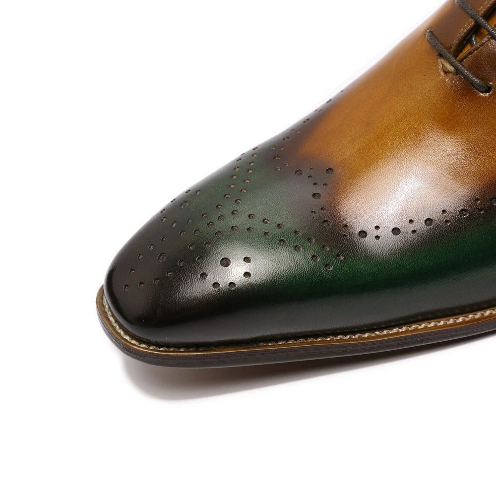 Hand-Painted Patina Men’s Wingtip Wholecut Oxford Shoes - Green and Brown Leather Dress Shoes - Image 5