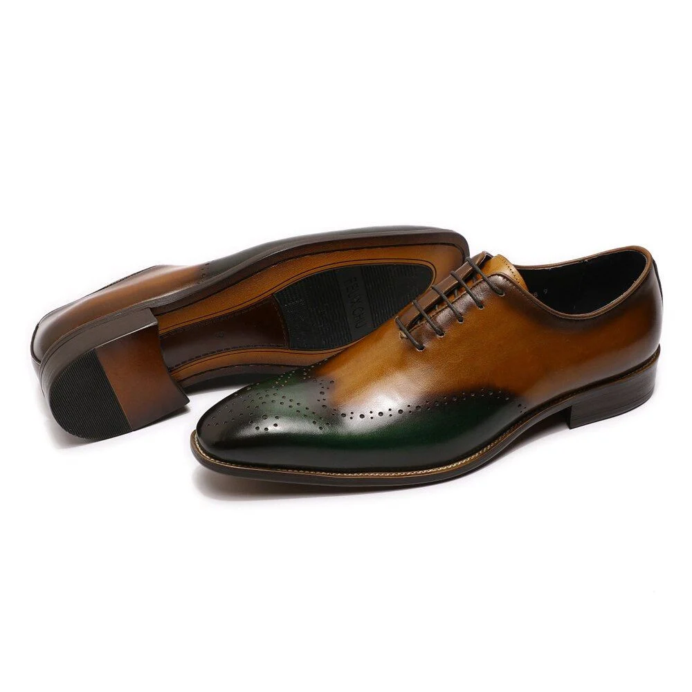 Hand-Painted Patina Men’s Wingtip Wholecut Oxford Shoes - Green and Brown Leather Dress Shoes - Image 3