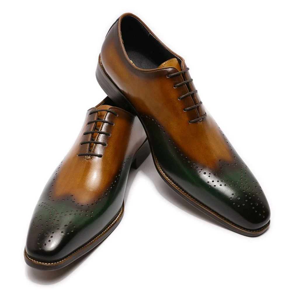 Hand-Painted Patina Men’s Wingtip Wholecut Oxford Shoes - Green and Brown Leather Dress Shoes - Image 6