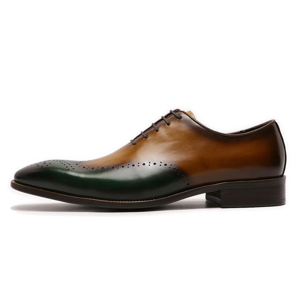 Hand-Painted Patina Men’s Wingtip Wholecut Oxford Shoes - Green and Brown Leather Dress Shoes - Image 4