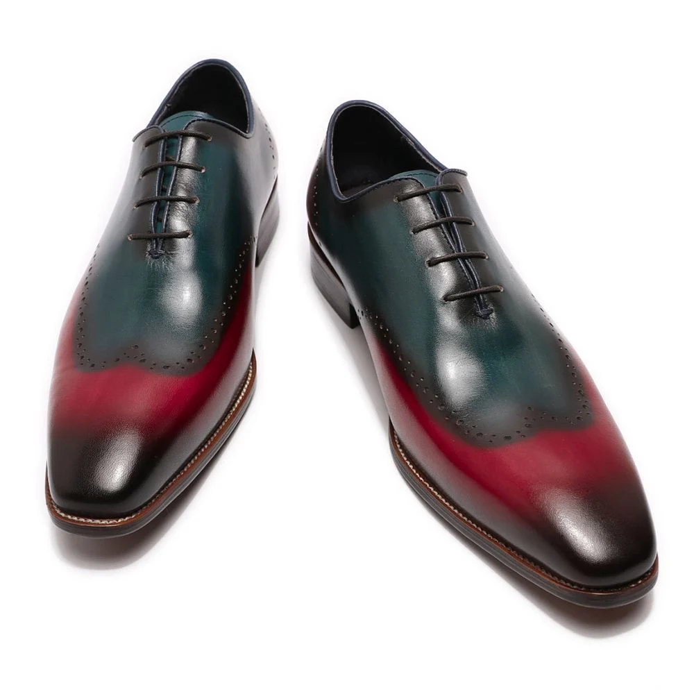 Handmade Men’s Wingtip Wholecut Oxfords - Blue & Red Patina Genuine Calf Leather Dress Shoes - Image 2