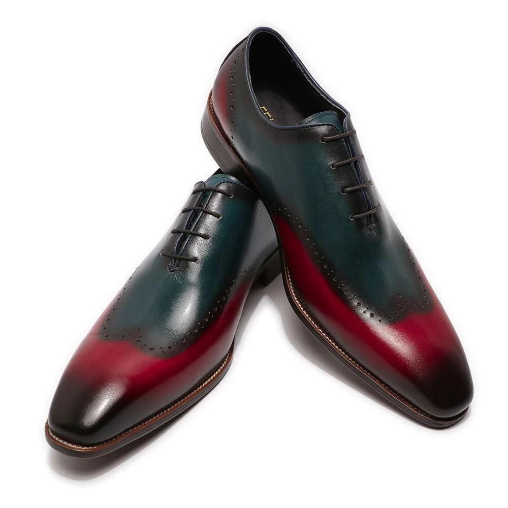 Handmade Men’s Wingtip Wholecut Oxfords - Blue & Red Patina Genuine Calf Leather Dress Shoes - Image 6