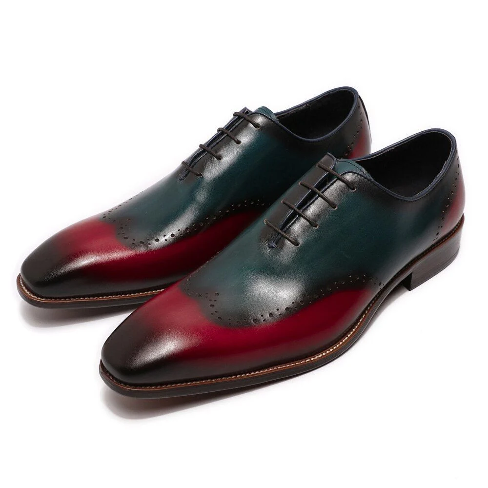 Handmade Men’s Wingtip Wholecut Oxfords - Blue & Red Patina Genuine Calf Leather Dress Shoes