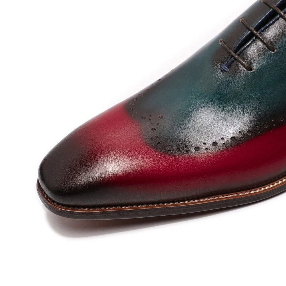 Handmade Men’s Wingtip Wholecut Oxfords - Blue & Red Patina Genuine Calf Leather Dress Shoes - Image 5