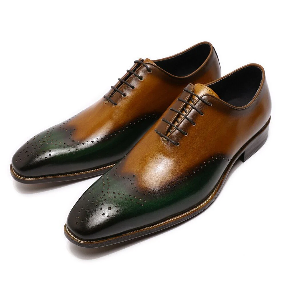 Hand-Painted Patina Men’s Wingtip Wholecut Oxford Shoes - Green and Brown Leather Dress Shoes