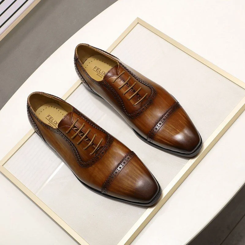 Genuine Leather Cap Toe Brogue Oxford Shoes - Brown Dress Shoes for Men - Image 4