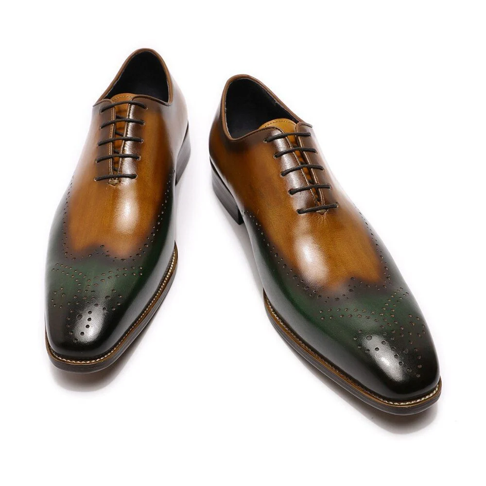 Hand-Painted Patina Men’s Wingtip Wholecut Oxford Shoes - Green and Brown Leather Dress Shoes - Image 2