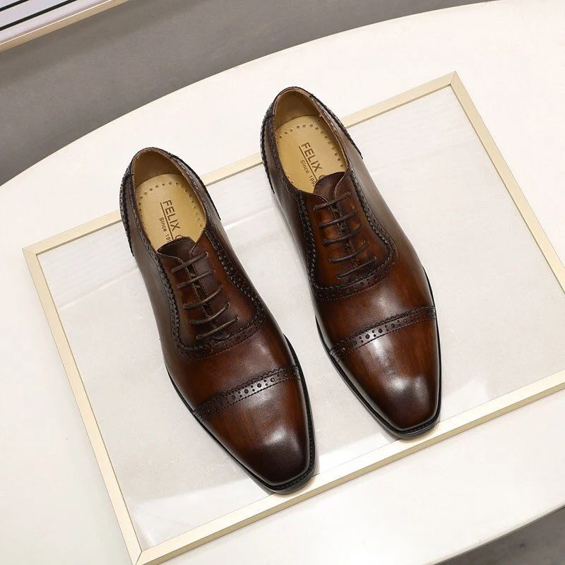 Genuine Leather Cap Toe Brogue Oxford Shoes - Brown Dress Shoes for Men - Image 6