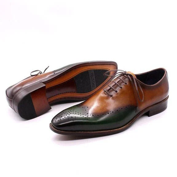 Handmade Men’s Wholecut Oxfords - Green & Camel Genuine Calf Leather Dress Shoes - Image 7