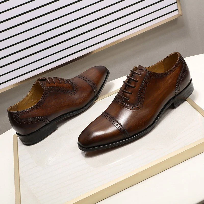 Genuine Leather Cap Toe Brogue Oxford Shoes - Brown Dress Shoes for Men - Image 7