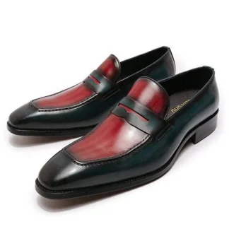 Men’s Patina Calf Leather Penny Loafers - Handmade Italian Blue and Red Slip-On Dress Shoes