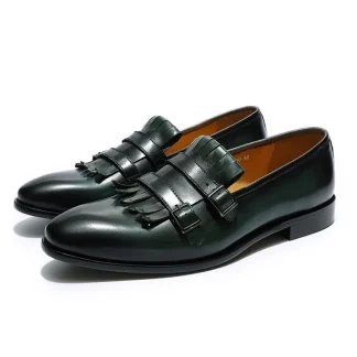 Classic Double Monk Strap Loafers - Genuine Leather Brown and Green Dress Shoes for Men