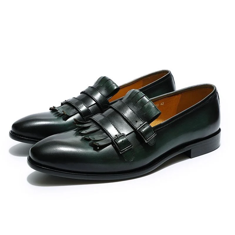 Classic Double Monk Strap Loafers - Genuine Leather Brown and Green Dress Shoes for Men