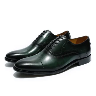 Men’s Plain Toe Brogue Oxford Shoes - Genuine Leather Brown and Green Dress Shoes