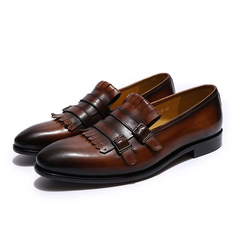 Classic Double Monk Strap Loafers - Genuine Leather Brown and Green Dress Shoes for Men - Image 6