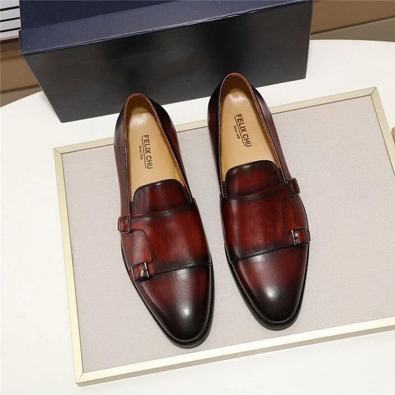 Handmade Hand-Painted Patina Double Monk Strap Loafers - Genuine Leather Slip-On Dress Shoes for Men - Image 9